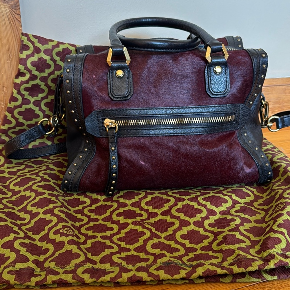 NWT orYANY Brenda Burgundy CalfHair Leather Studded Speedy Satchel Shoulder Bag
